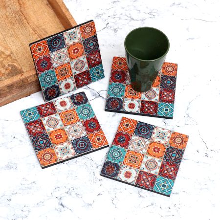 Multi-Coloured Decorative Wooden Coasters - Pack of 4